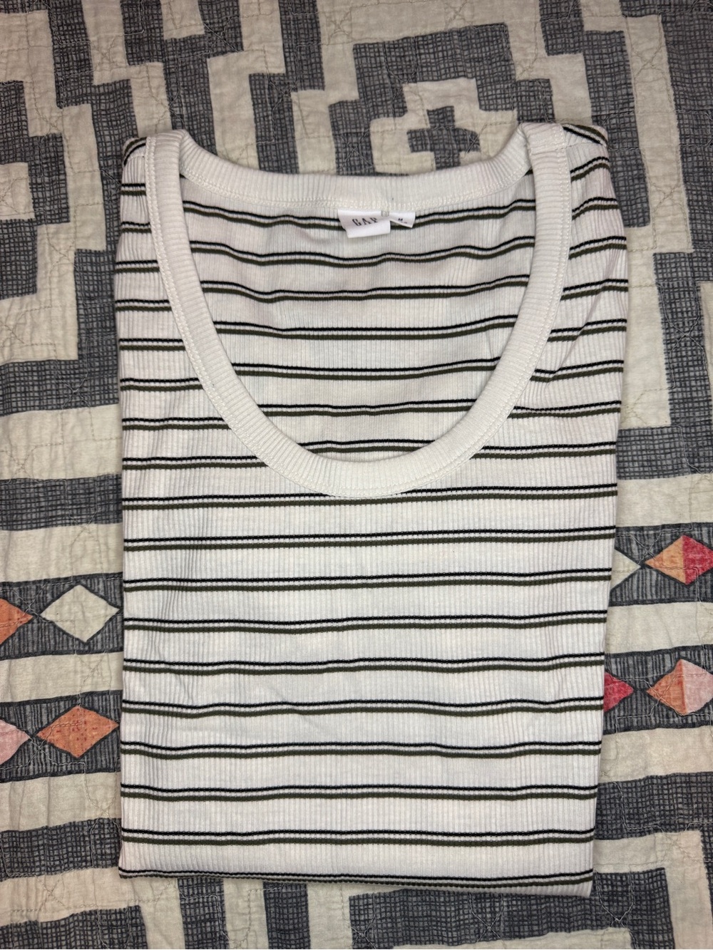 Striped White, Black & Olive Ribbed Scoop Neck Women's Short Sleeved T-Shirt